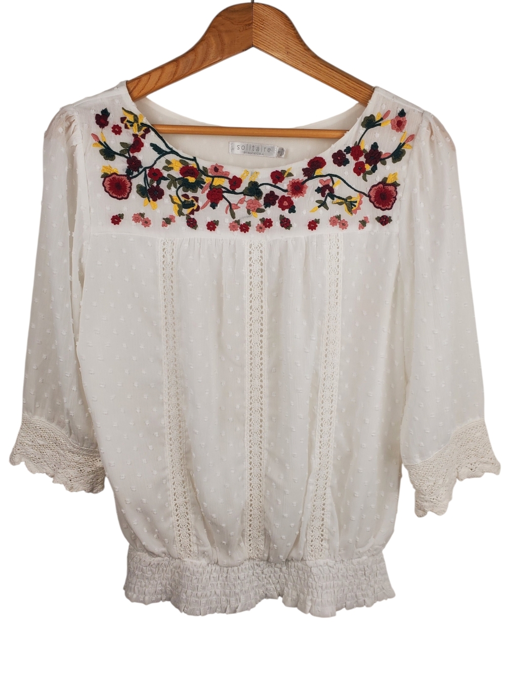 Solitaire Boho White Swiss Dot Embroidered Floral Peasant Blouse. Small. #272